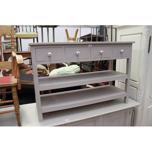 571 - Modern painted four drawer sideboard servery, drawers fitted with white china pulls, open shelves be... 