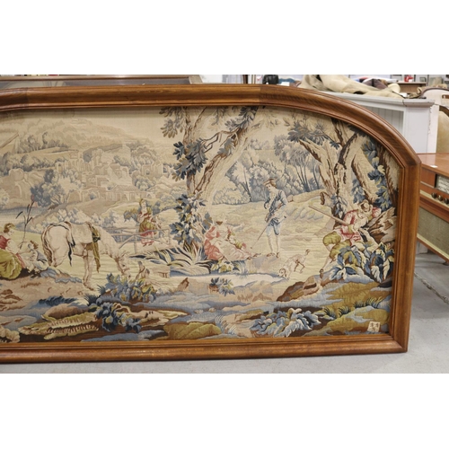 577 - Large French arched oak framed tapestry, showing hunting party, approx 103cm H x 200cm W