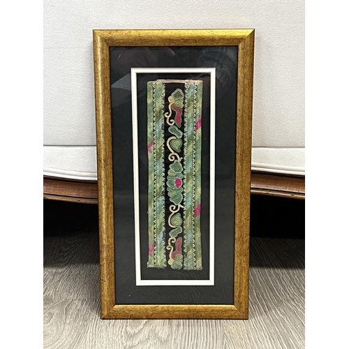 582 - Antique framed Chinese textile remnant, approx 10 cm x 29 cm