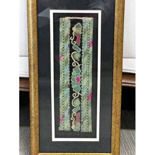 582 - Antique framed Chinese textile remnant, approx 10 cm x 29 cm