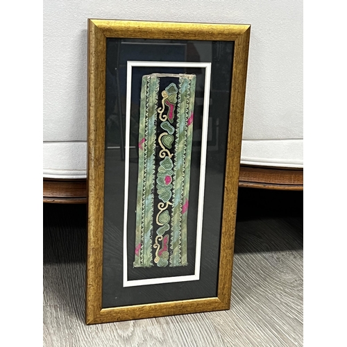 582 - Antique framed Chinese textile remnant, approx 10 cm x 29 cm