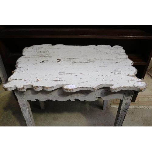 584 - Antique (likely) Swiss painted pine alpine table, shaped cut edge, square tapering carved legs, appr... 