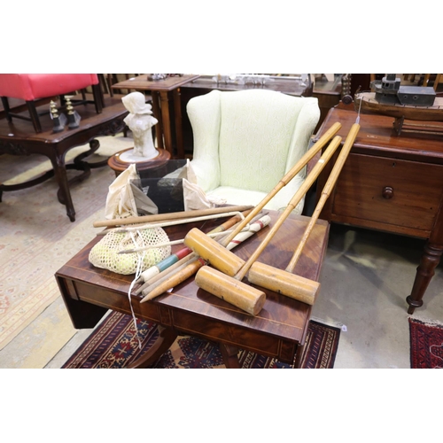 600 - Three old George G G Bussy & Co mallets, metal hoop, quoits, bee keepers masks, various stumps (coll... 