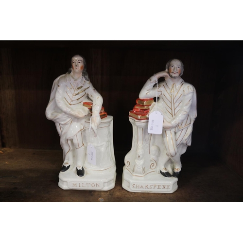 633 - Two antique Staffordshire flatback figures Milton & Shakespere, approx 26cm H each (2)