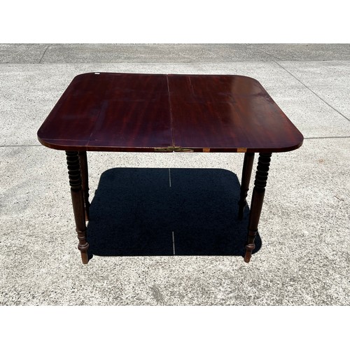 652 - Antique late Regency mahogany fold over tea table, standing on multi ring turned legs, approx 76cm H... 