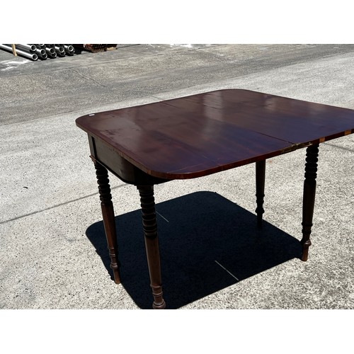 652 - Antique late Regency mahogany fold over tea table, standing on multi ring turned legs, approx 76cm H... 