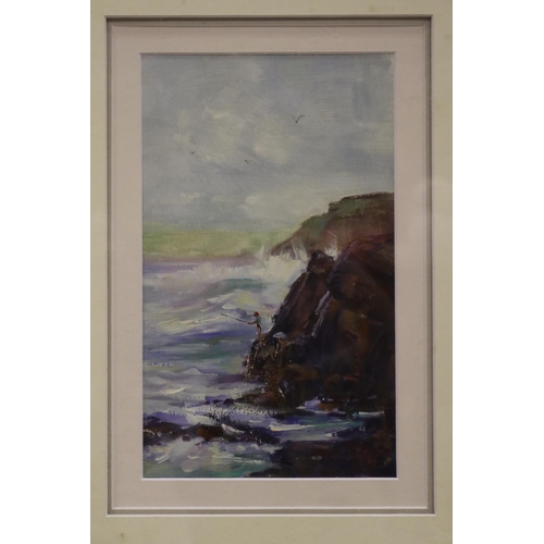21 - Liz Isaacs, Reef fishing, oil on board, signed lower right, approx 30cm X 18cm