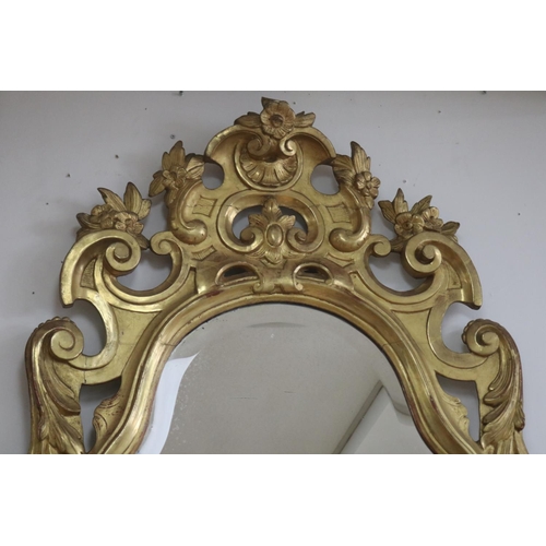28 - Antique 19th century French true gilt wood mirror, pierced C scroll & leaf surround, approx 151cm H ... 