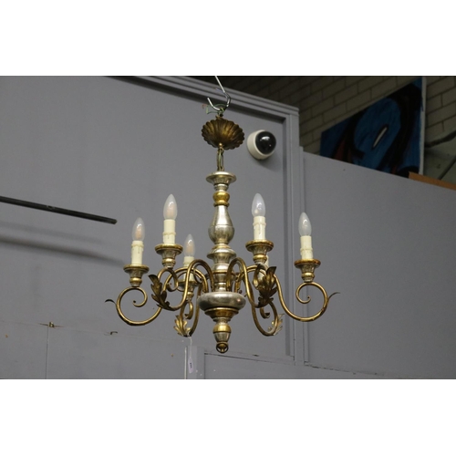 30 - Italian antique style gilt wood and silver gilt six light chandelier, untested / unknown working con... 