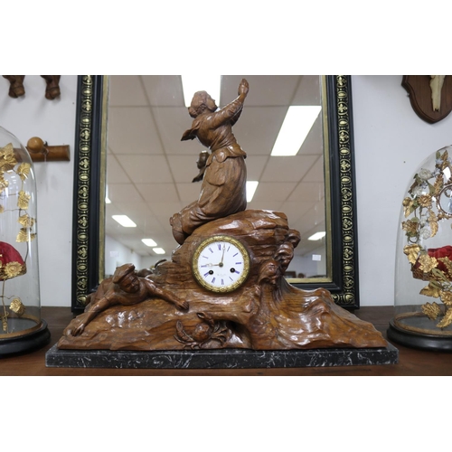 32 - Antique French carved solid wood figural mantle clock with a seaside motif, movement marked Bellevil... 