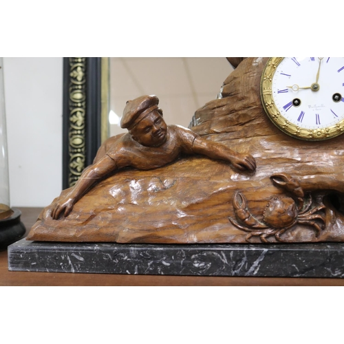 32 - Antique French carved solid wood figural mantle clock with a seaside motif, movement marked Bellevil... 