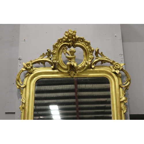43 - Antique French gilt surround double C scroll crest salon mirror, approx 151cm H x 51cm W