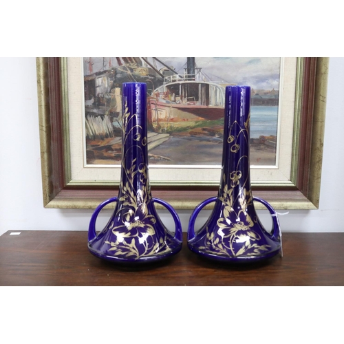 45 - Pair of French cobalt blue porcelain twin handled vases with gilt highlights, each approx 35cm H (2)