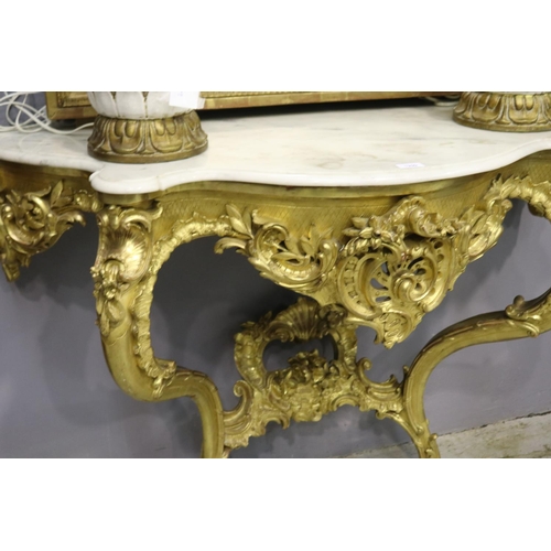 46 - Elaborate French Louis XV style marble topped, gilt console, approx 92cm H x 127cm W x 53cm D