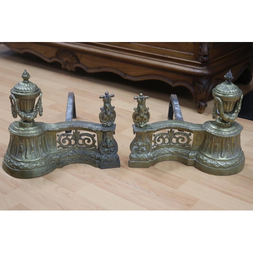 47 - Pair of antique French urn mounted andirons, each approx 31cm H x 46cm W x 36cm D (2)