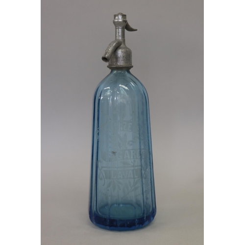 63 - Vintage French bistro blue glass soda siphon, F Garot Laval, approx 33cm H