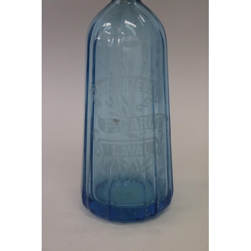 63 - Vintage French bistro blue glass soda siphon, F Garot Laval, approx 33cm H