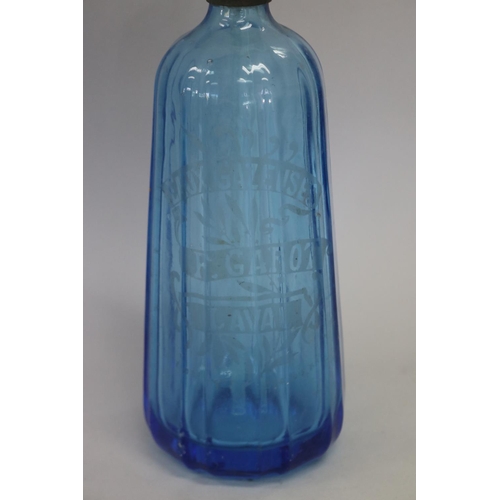 64 - Vintage French bistro blue glass soda siphon, F Garot of Laval, approx 33cm H