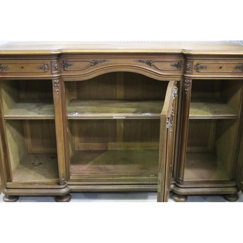 74 - Antique French inverted breakfront buffet, carved in low relief, two drawer and three doors below, a... 