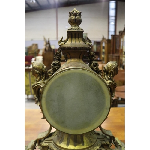 75 - Impressive large antique French gilt bronze mantle clock and pair of five stick candelabrum, all wit... 