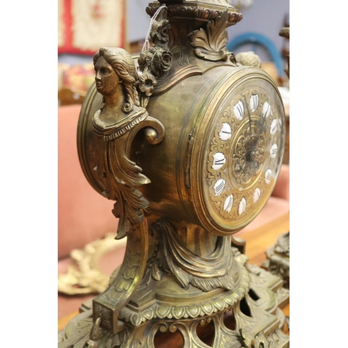 75 - Impressive large antique French gilt bronze mantle clock and pair of five stick candelabrum, all wit... 