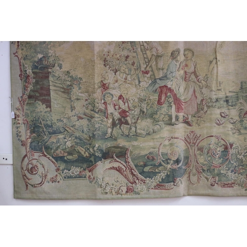 76 - French style painted wall tapestry, classical scene, with tied ribbon & garlands decoration, approx ... 