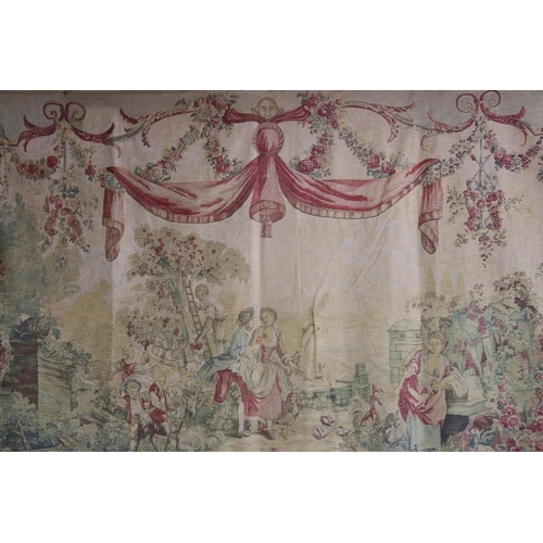 76 - French style painted wall tapestry, classical scene, with tied ribbon & garlands decoration, approx ... 