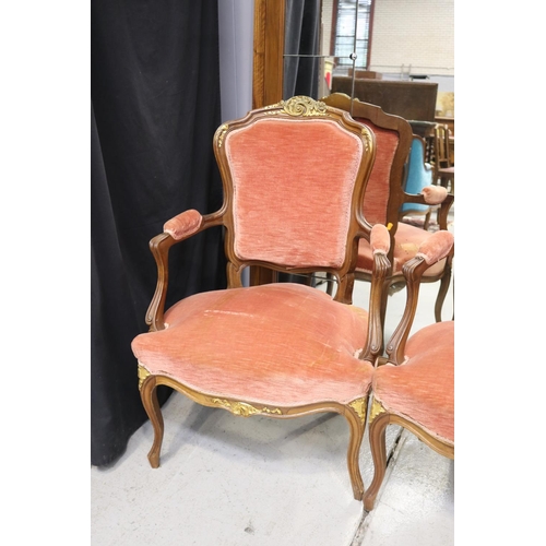 86 - Pair of antique French walnut Louis XV style armchairs with gilt highlights, each approx 95cm H x 63... 