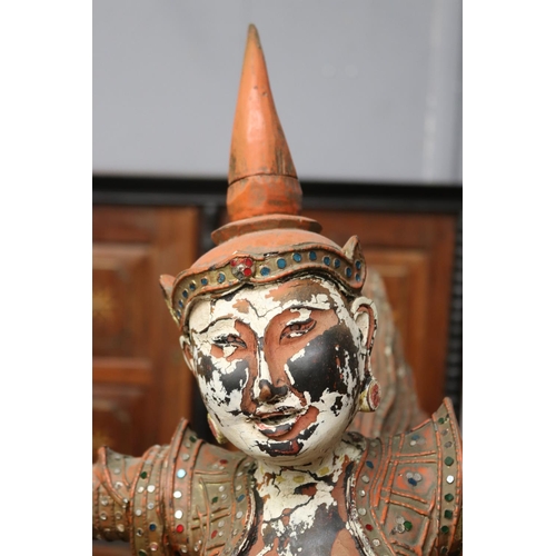 94 - Large pair of Thai or South East Asian dancing figures, roof or temple finials, each painted carved ... 