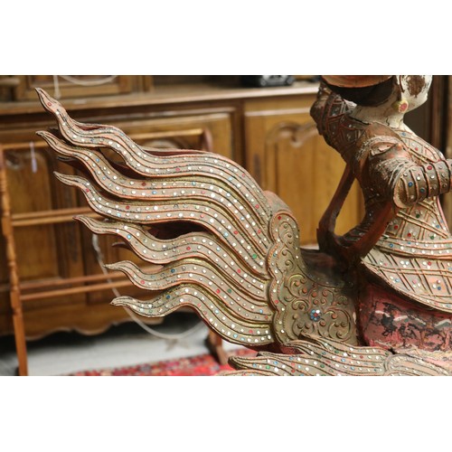 94 - Large pair of Thai or South East Asian dancing figures, roof or temple finials, each painted carved ... 