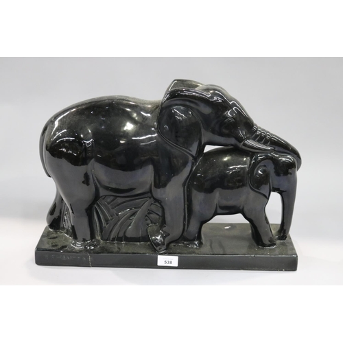 97 - Art Deco French black ceramic Elephant figure group, signed, Lemanceau, approx 35cm H x 50cm W x 14c... 