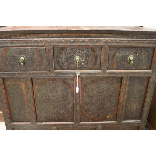 101 - Antique hand painted Tibetan cabinet, with dragon design, approx 100cm H x 102cm W x 47cm D