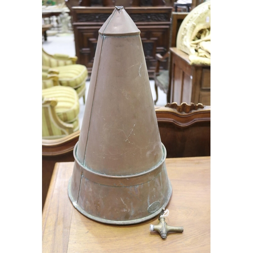 103 - Antique French wine makers copper funnel, tap off, approx 51cm H x 30cm Dia (excluding handle)