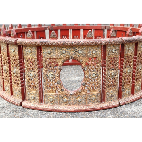 114 - Large Unusual antique South East Asian six section red lacquer and gilt connecting roundel or surrou... 