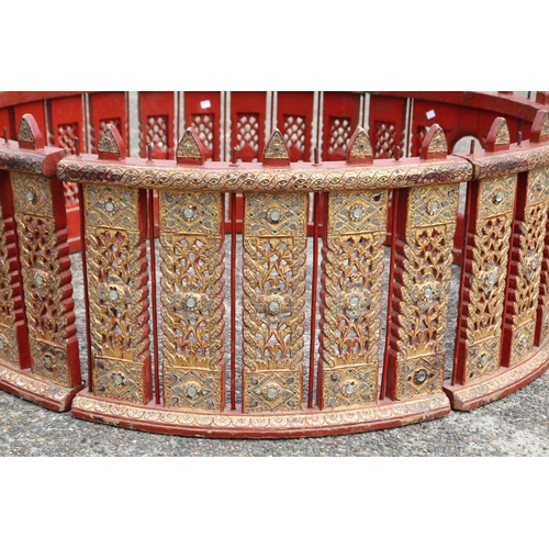 114 - Large Unusual antique South East Asian six section red lacquer and gilt connecting roundel or surrou... 