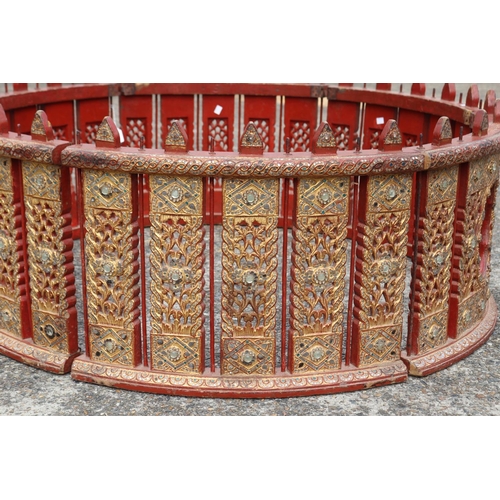 114 - Large Unusual antique South East Asian six section red lacquer and gilt connecting roundel or surrou... 