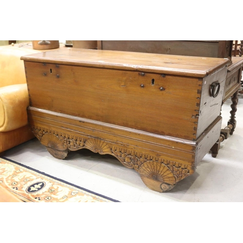 120 - Antique Indian teak Dowry chest, original iron hinges and locks, carry handles to the sides, carved ... 