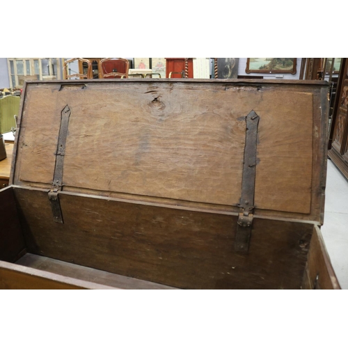 120 - Antique Indian teak Dowry chest, original iron hinges and locks, carry handles to the sides, carved ... 