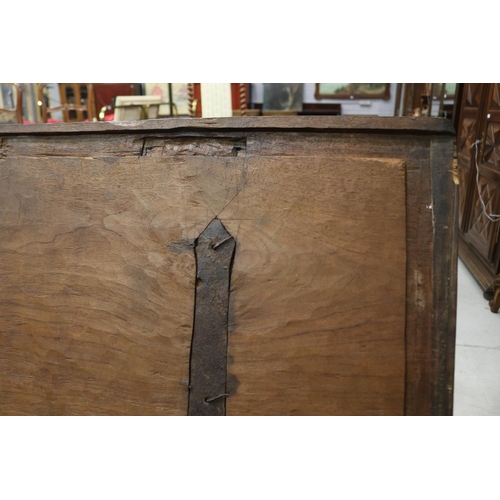 120 - Antique Indian teak Dowry chest, original iron hinges and locks, carry handles to the sides, carved ... 