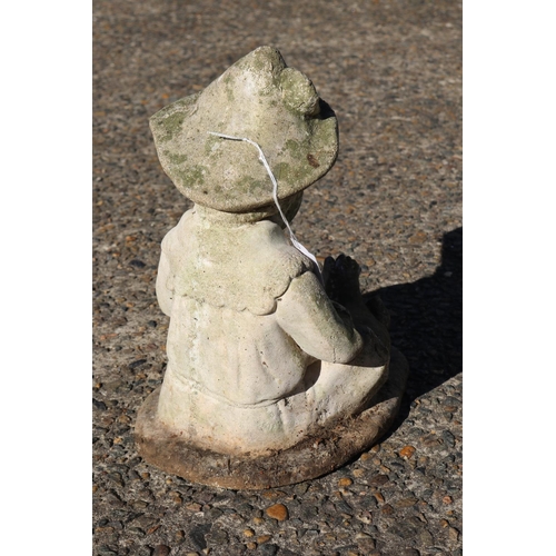 122 - Composite stone garden statue of little boy sitting with apple in hand, approx 31.5cm H
