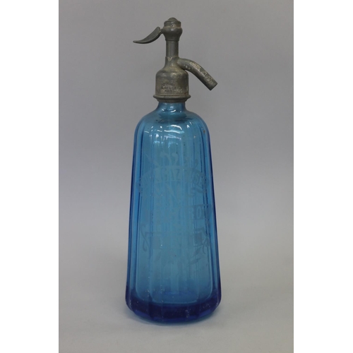 125 - Vintage French bistro blue glass soda siphon, approx 32cm H
