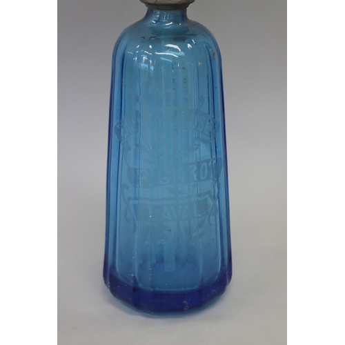 125 - Vintage French bistro blue glass soda siphon, approx 32cm H