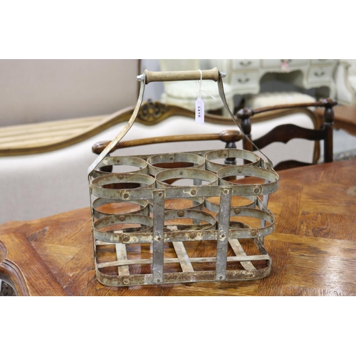 126 - Antique French gal metal six slot bottle carrier, approx 36cm H including handle x 33cm W x 22cm D