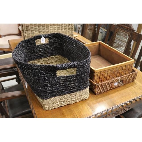 128 - Assorted trays and baskets, approx 27cm H x 54cm W x 40cm D and smaller (3)