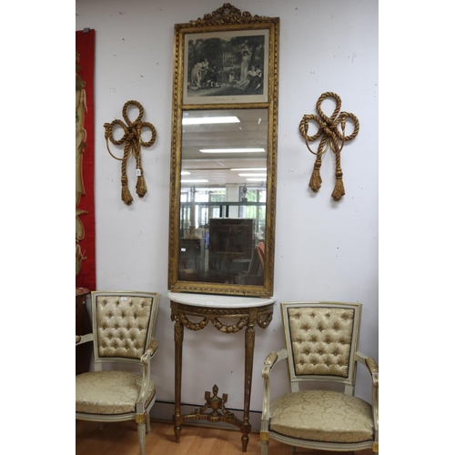 131 - French Louis XVI style demi lune marble topped console and mirror, approx 87cm H x 66cm W x 32cm D a... 