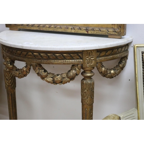 131 - French Louis XVI style demi lune marble topped console and mirror, approx 87cm H x 66cm W x 32cm D a... 