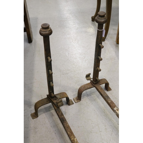 132 - Pair of antique French iron andirons, approx 58cm H x 27.5cm W x 51cm D (2)