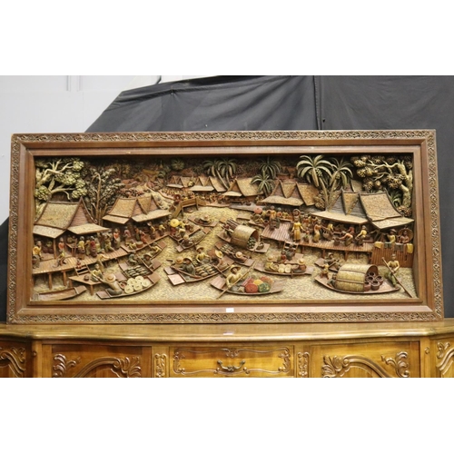 139 - Impressive South East Asian high relief, river market scene, approx 101cm H x 225cm W