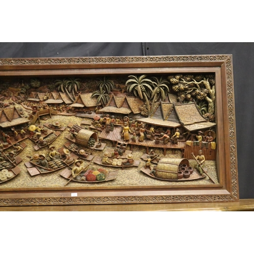 139 - Impressive South East Asian high relief, river market scene, approx 101cm H x 225cm W