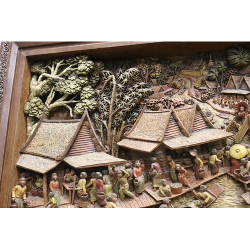 139 - Impressive South East Asian high relief, river market scene, approx 101cm H x 225cm W